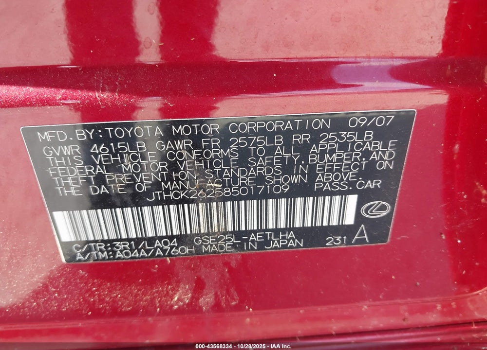 2008 LEXUS IS 250 VIN: JTHCK262585017109