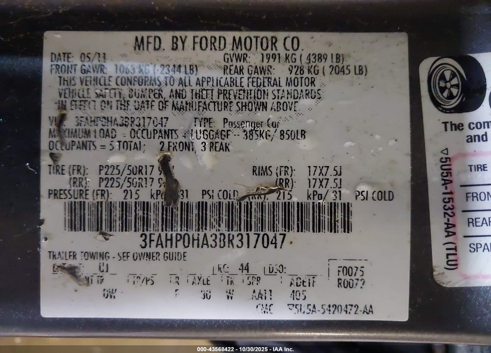 2011 FORD FUSION VIN: 3FAHP0HA3BR317047