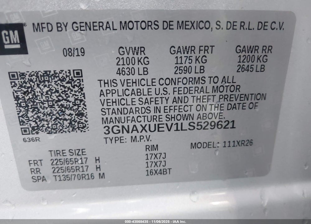 2020 CHEVROLET EQUINOX VIN: 3GNAXUEV1LS529621