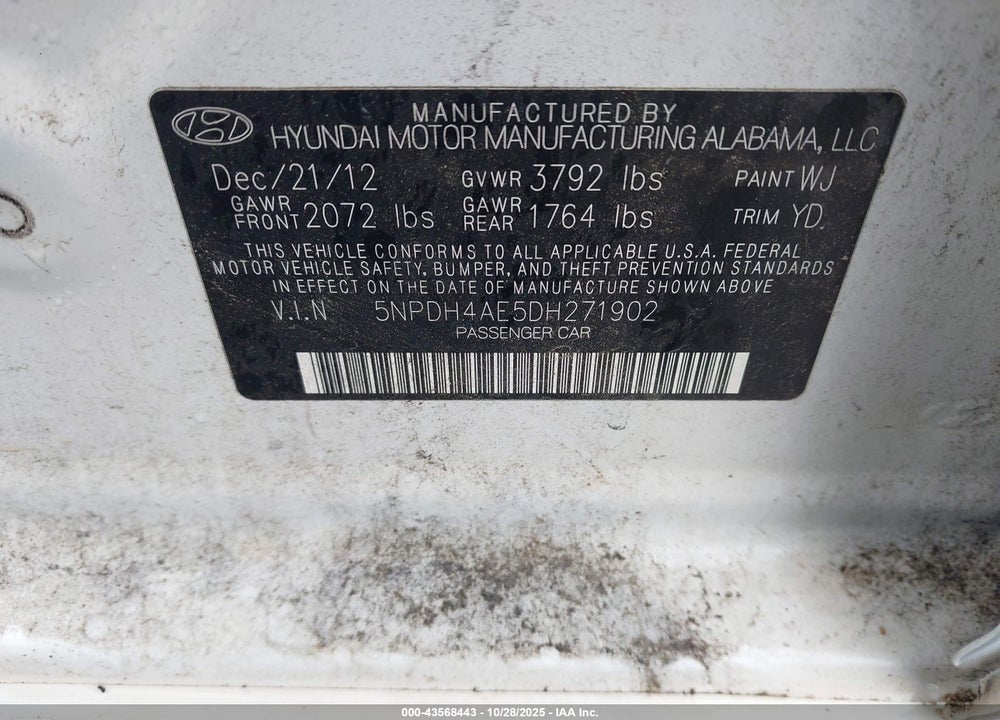 2013 HYUNDAI ELANTRA GLS VIN: 5NPDH4AE5DH271902