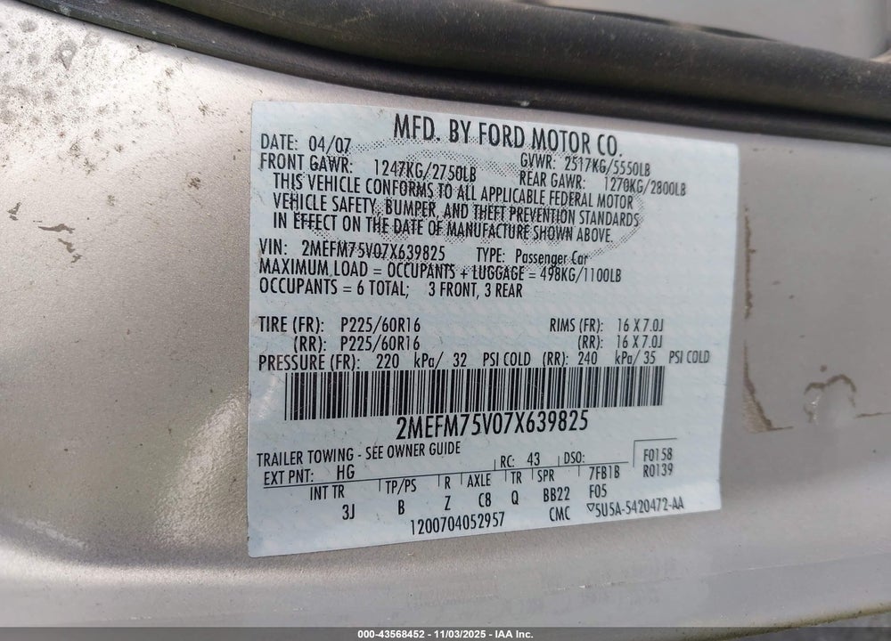 2007 MERCURY GRAND MARQUIS VIN: 2MEFM75V07X639825