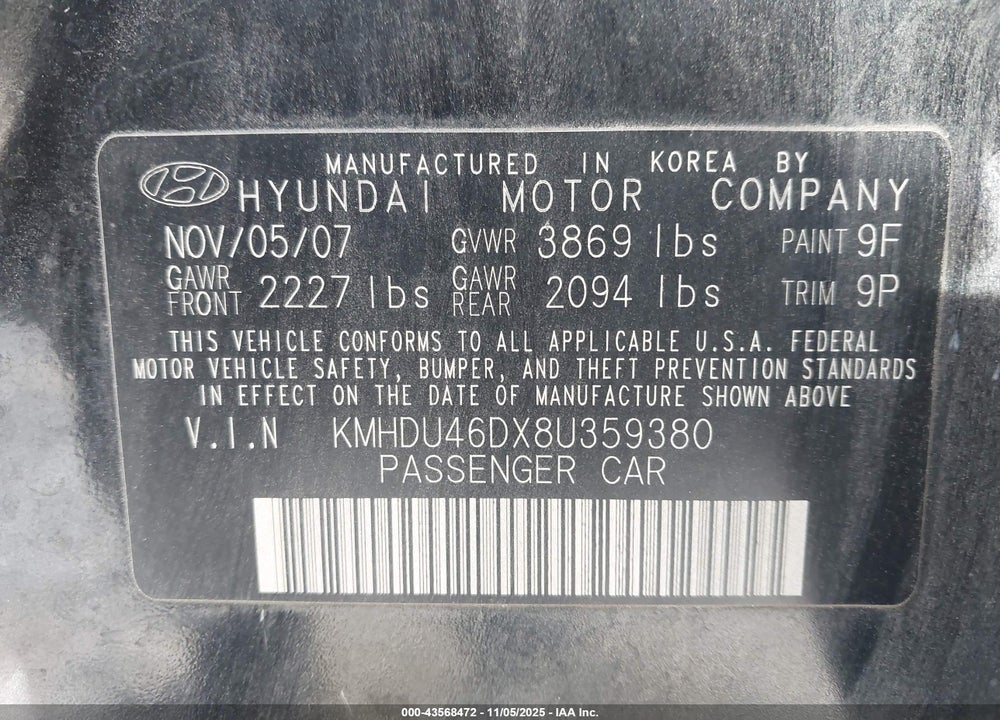 2008 HYUNDAI ELANTRA GLS/SE VIN: KMHDU46DX8U359380