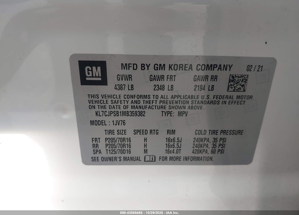 2021 CHEVROLET TRAX AWD LT VIN: KL7CJPSB1MB359382