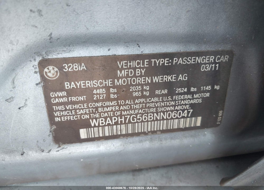 2011 BMW 328I VIN: WBAPH7G56BNN06047