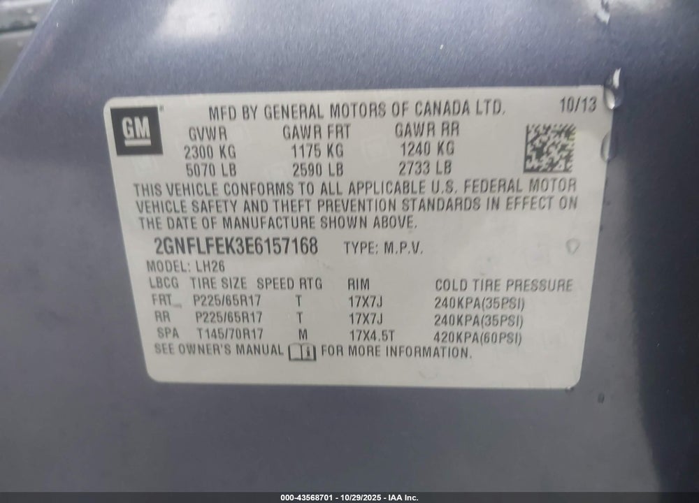 2014 CHEVROLET EQUINOX 1LT VIN: 2GNFLFEK3E6157168