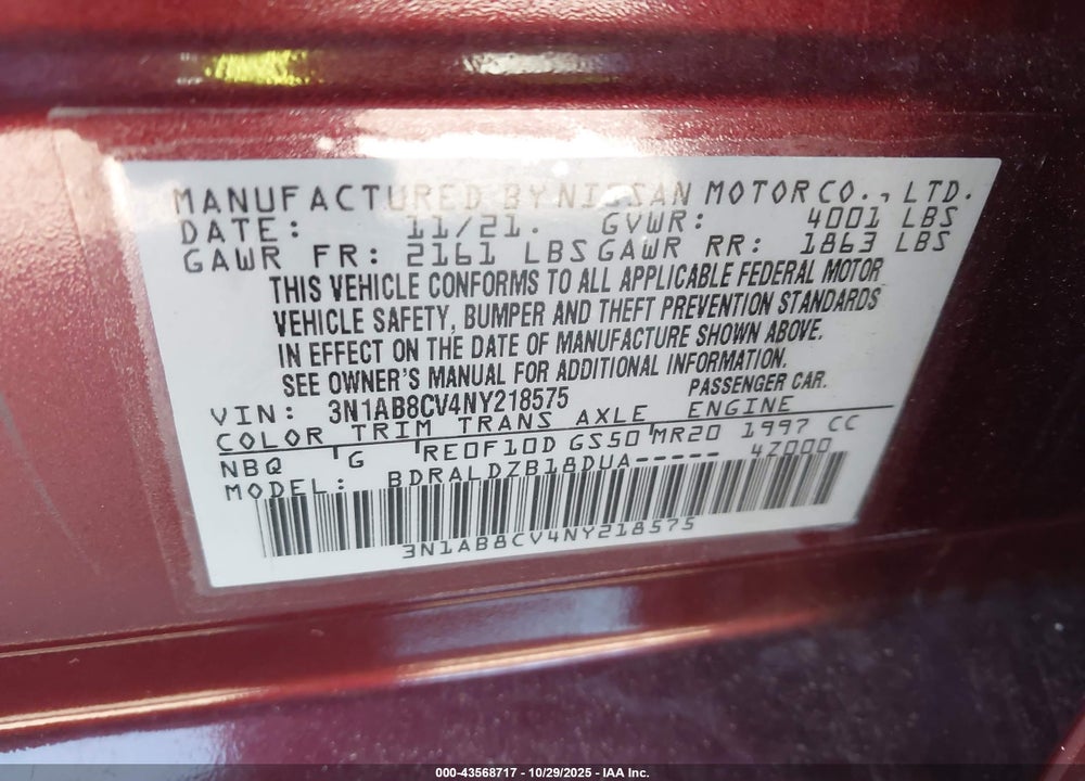 2022 NISSAN SENTRA SV XTRONIC CVT VIN: 3N1AB8CV4NY218575