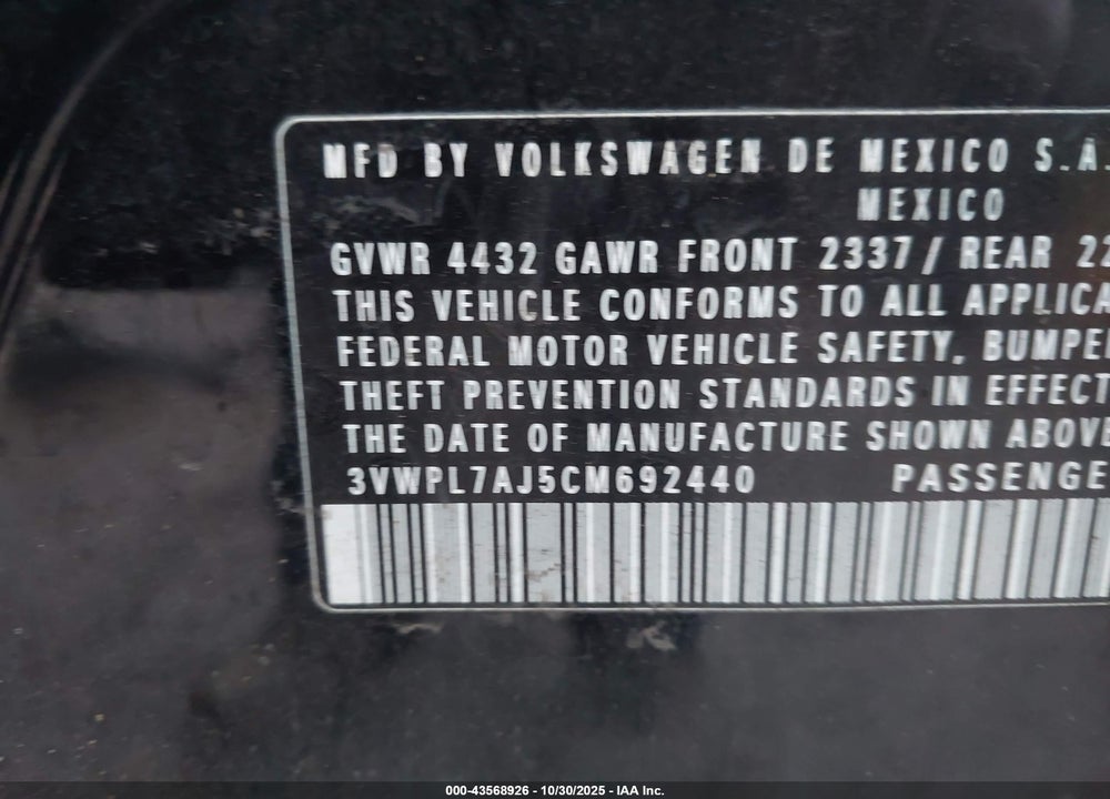 2012 VOLKSWAGEN JETTA VIN: 3VWPL7AJ5CM692440