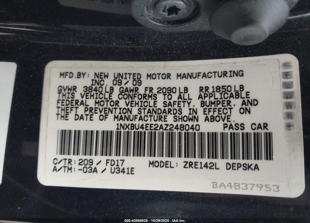2010 TOYOTA COROLLA S VIN: 1NXBU4EE2AZ248040