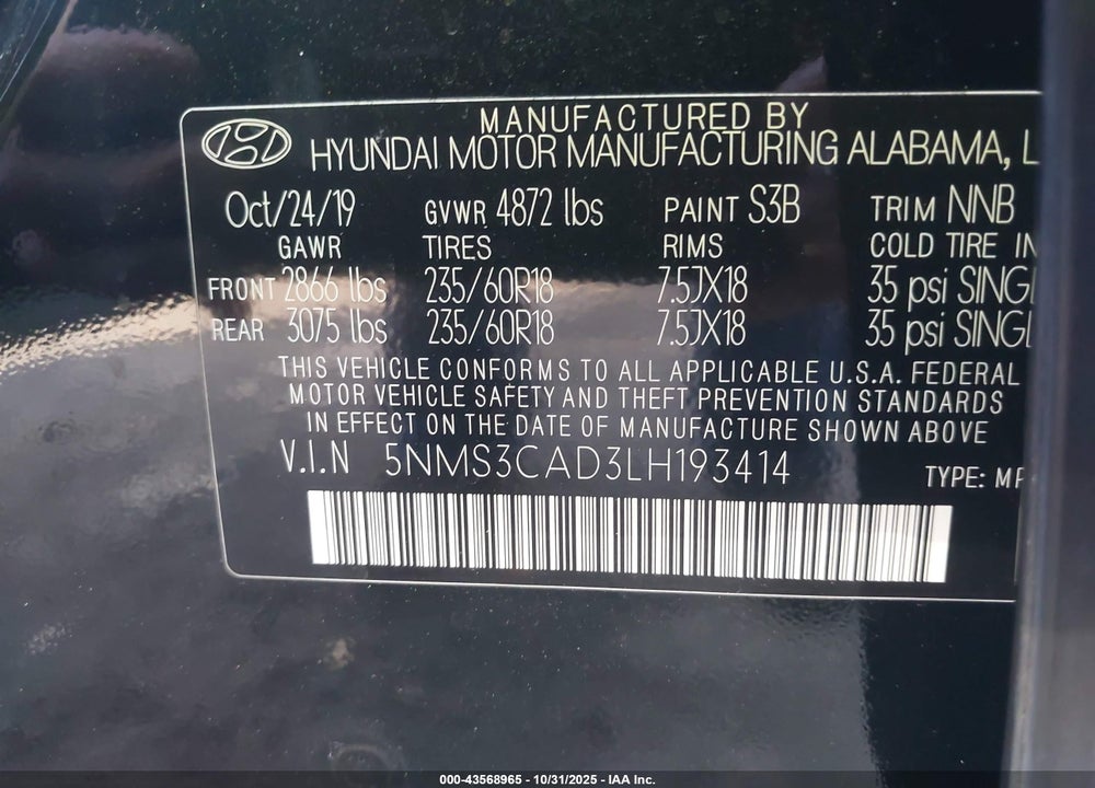 2020 HYUNDAI SANTA FE VIN: 5NMS3CAD3LH193414