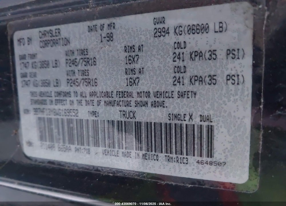 1998 DODGE RAM 1500 ST VIN: 3B7HF13Y8WG169552