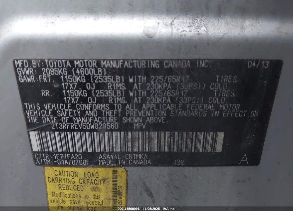 2013 TOYOTA RAV4 VIN: 2T3RFREV5DW029560