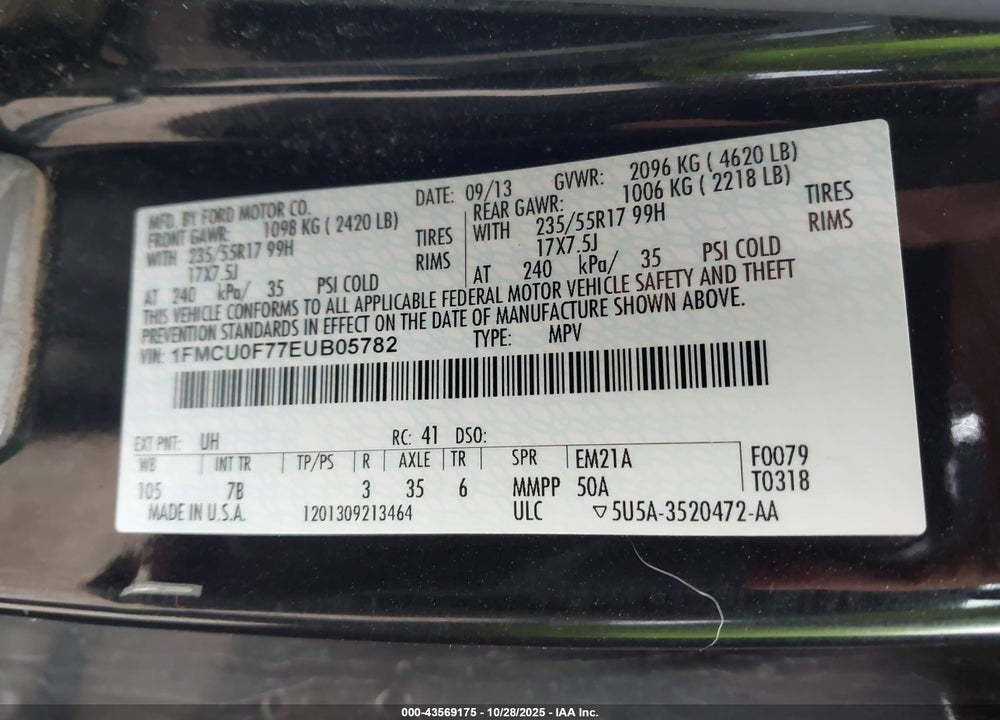 2014 FORD ESCAPE VIN: 1FMCU0F77EUB05782