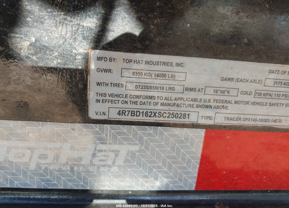 2025 TOP HAT INDUSTRIES INC NA VIN: 4R7BD162XSC250281