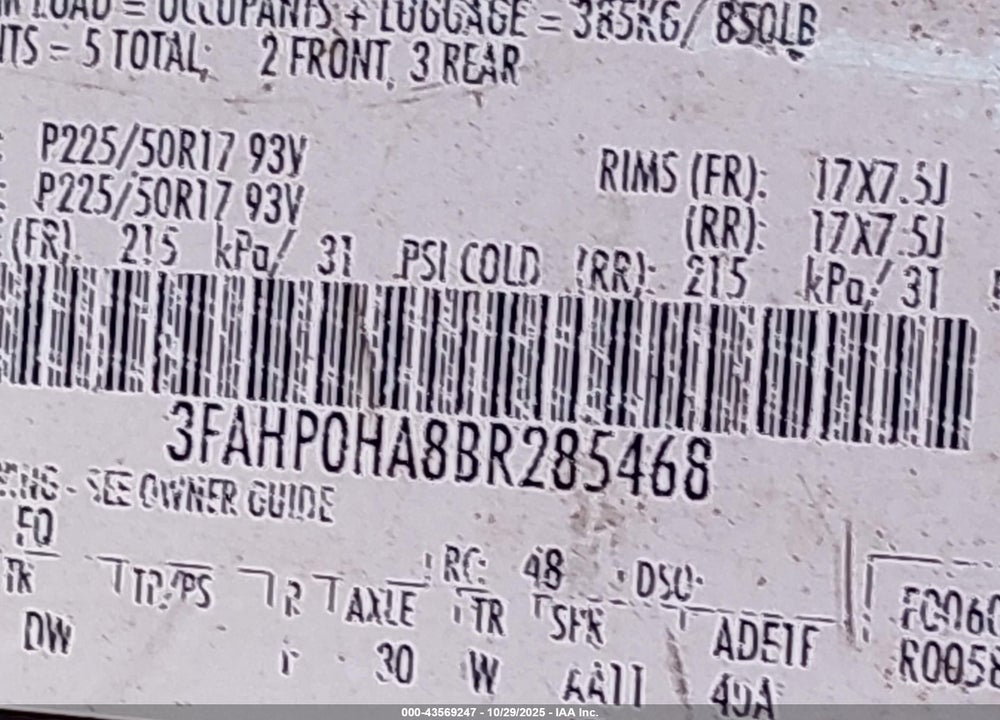 2011 FORD FUSION SE VIN: 3FAHP0HA8BR285468