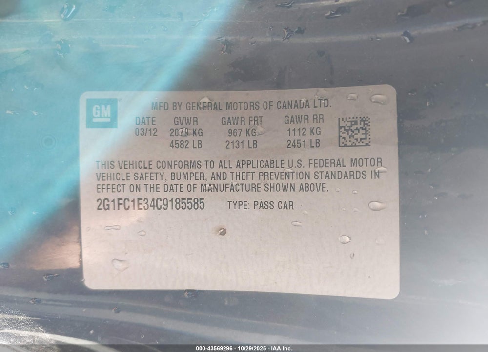 2012 CHEVROLET CAMARO 2LT VIN: 2G1FC1E34C9185585