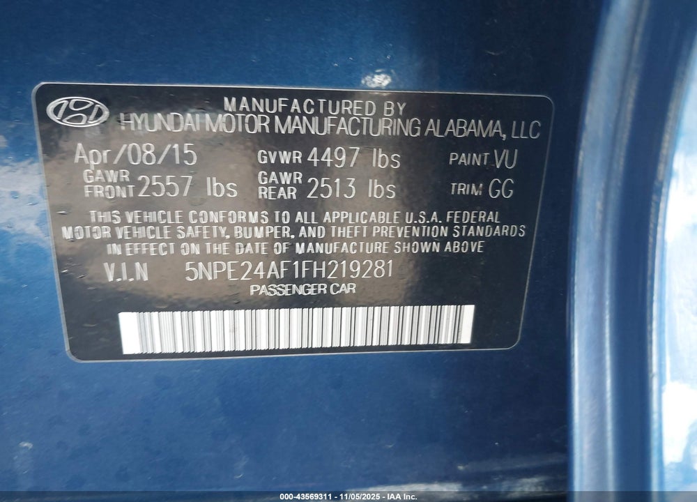 2015 HYUNDAI SONATA SE VIN: 5NPE24AF1FH219281