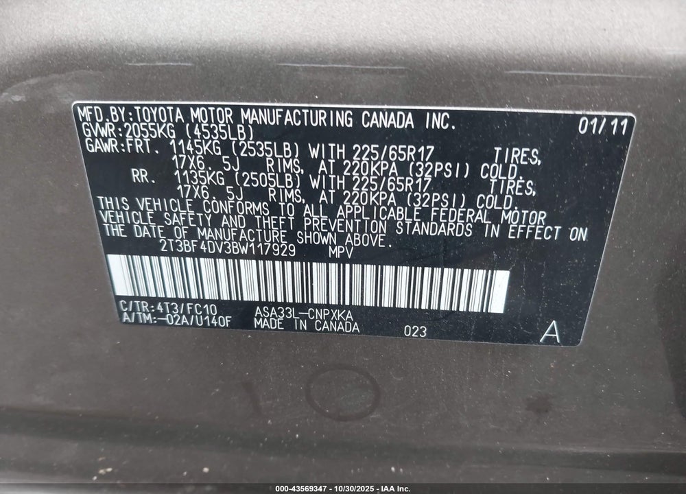 2011 TOYOTA RAV4 VIN: 2T3BF4DV3BW117929