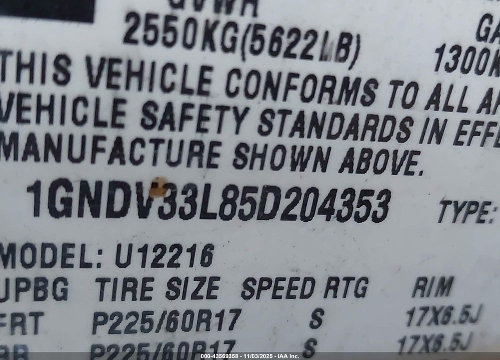 2005 CHEVROLET UPLANDER VIN: 1GNDV33L85D204353
