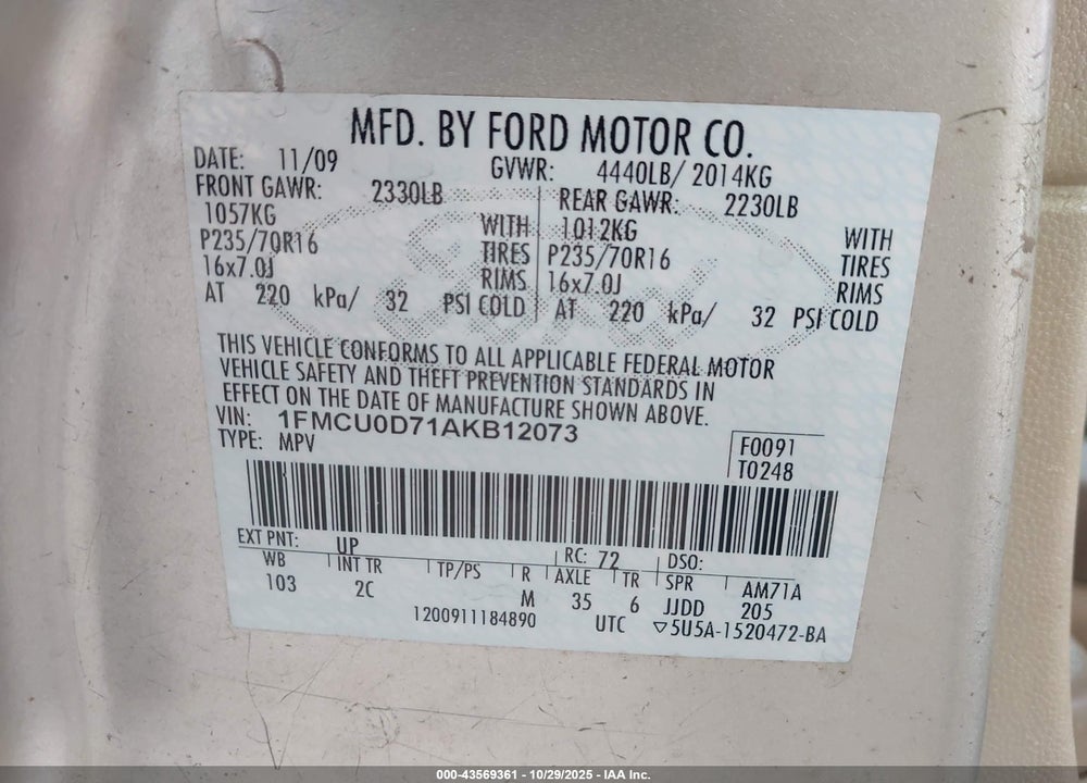 2010 FORD ESCAPE XLT VIN: 1FMCU0D71AKB12073