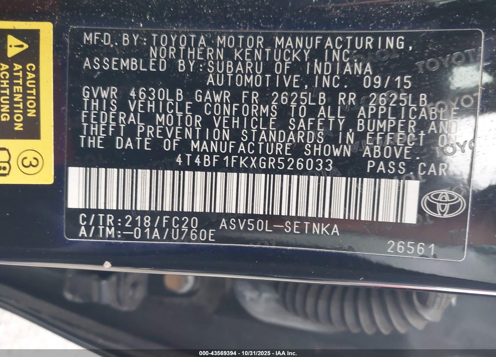 2016 TOYOTA CAMRY LE VIN: 4T4BF1FKXGR526033