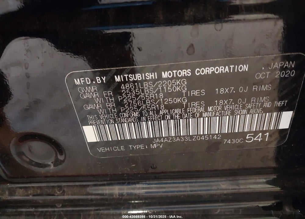2020 MITSUBISHI OUTLANDER ES 2.4 S-AWC/LE 2.4 S-AWC/SE 2.4 S-AWC/SEL 2.4 S-AWC/SP 2.4 S-AWC VIN: JA4AZ3A33LZ045142