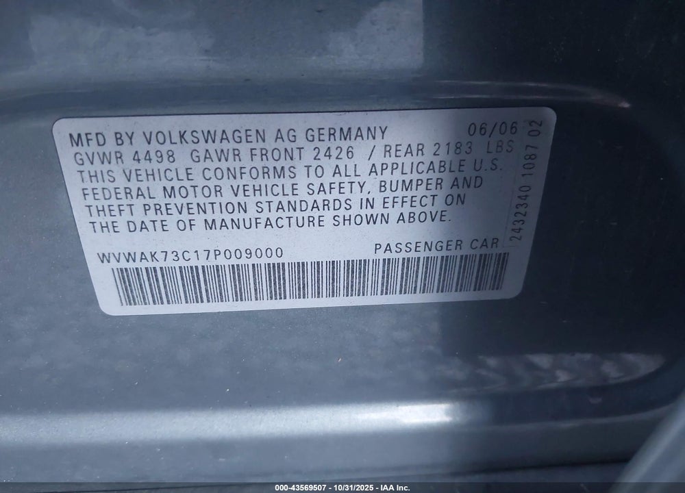 2007 VOLKSWAGEN PASSAT VIN: WVWAK73C17P009000