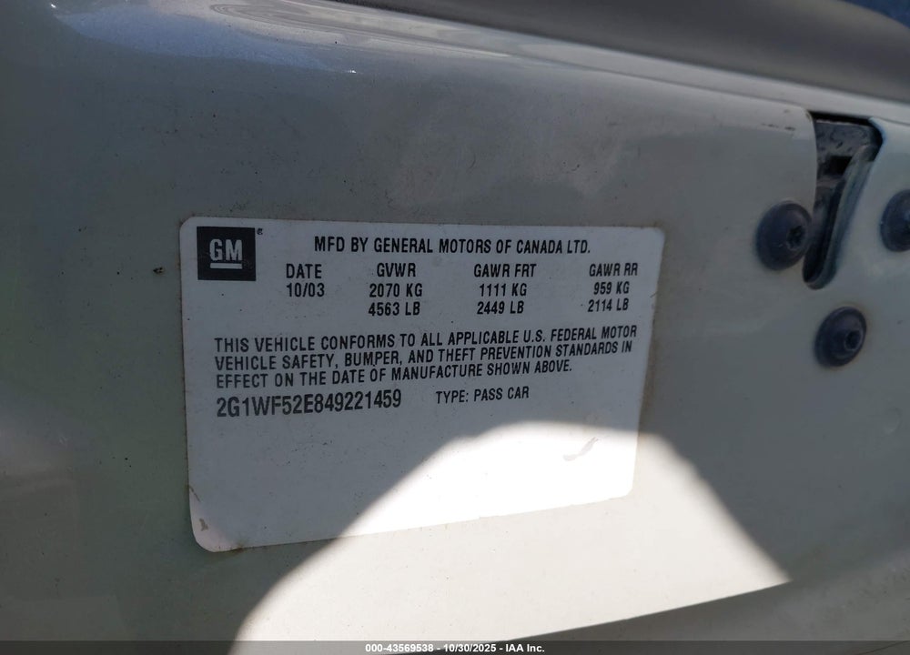 2004 CHEVROLET IMPALA VIN: 2G1WF52E849221459