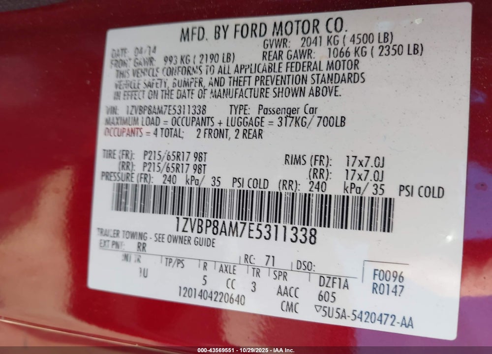 2014 FORD MUSTANG VIN: 1ZVBP8AM7E5311338