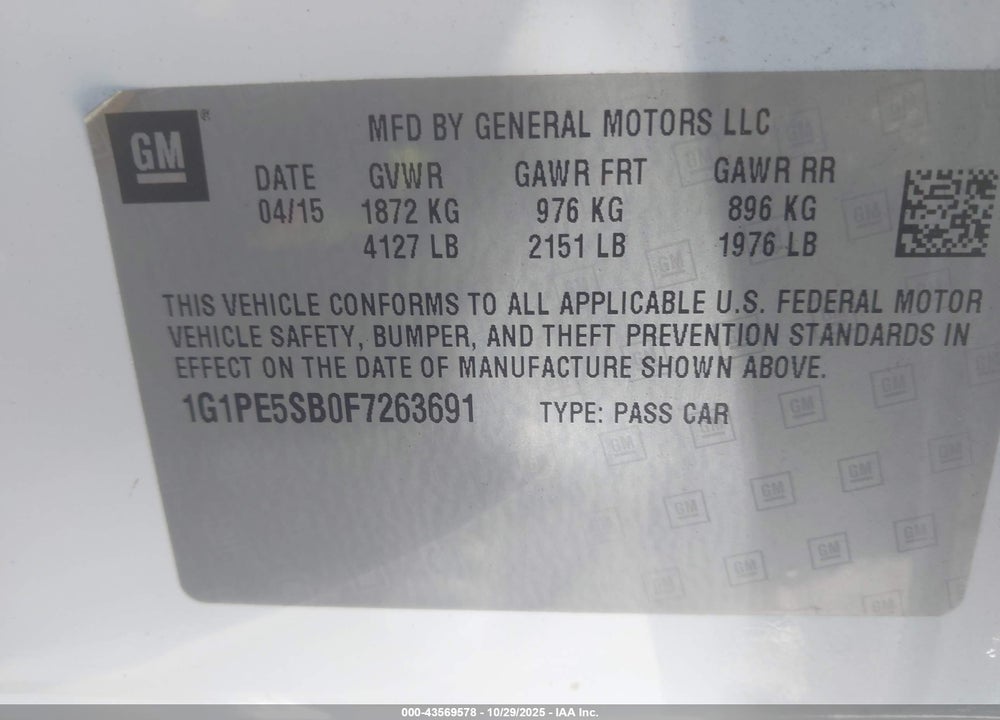 2015 CHEVROLET CRUZE 2LT AUTO VIN: 1G1PE5SB0F7263691