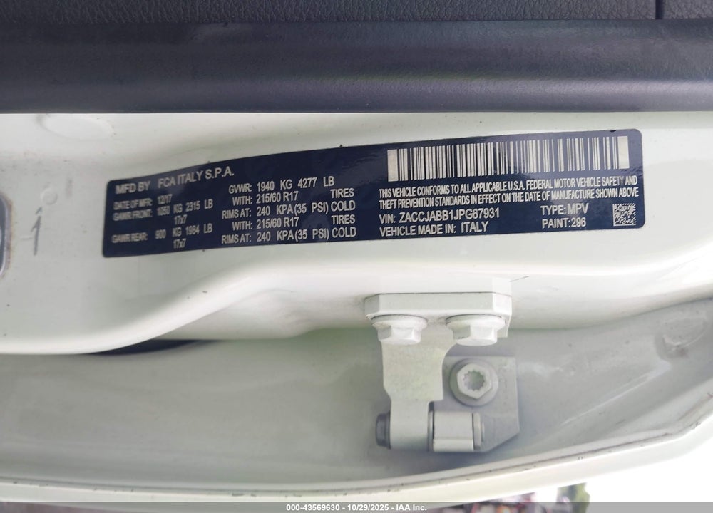 2018 JEEP RENEGADE LATITUDE FWD VIN: ZACCJABB1JPG67931