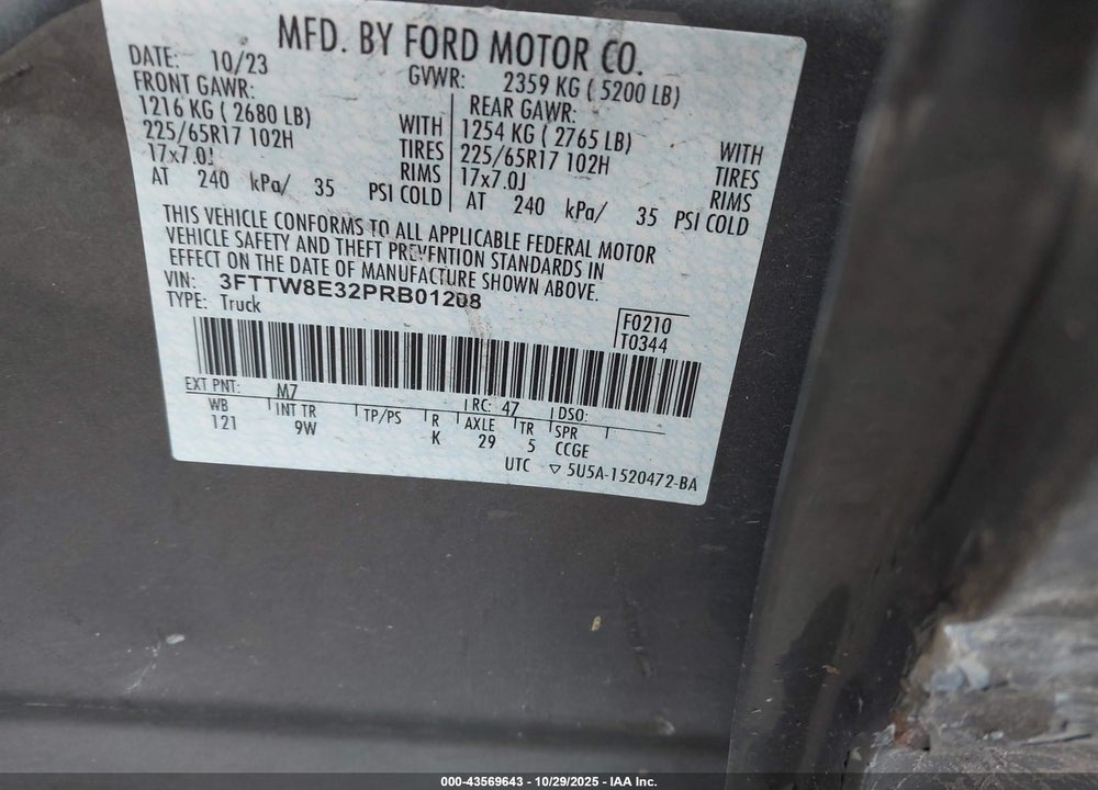 2023 FORD MAVERICK XL VIN: 3FTTW8E32PRB01208