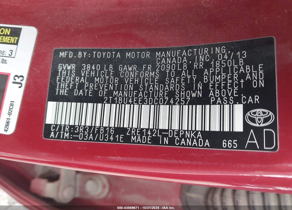 2013 TOYOTA COROLLA LE VIN: 2T1BU4EE3DC074257