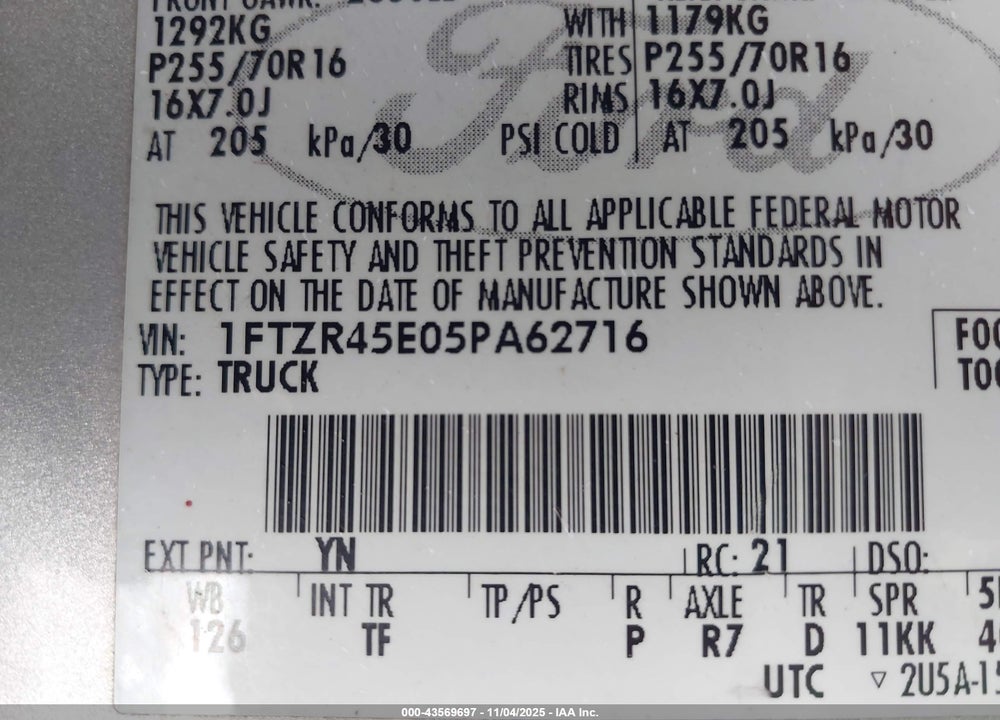 2005 FORD RANGER EDGE/FX4 LEVEL II/FX4 OFF-ROAD/XLT VIN: 1FTZR45E05PA62716