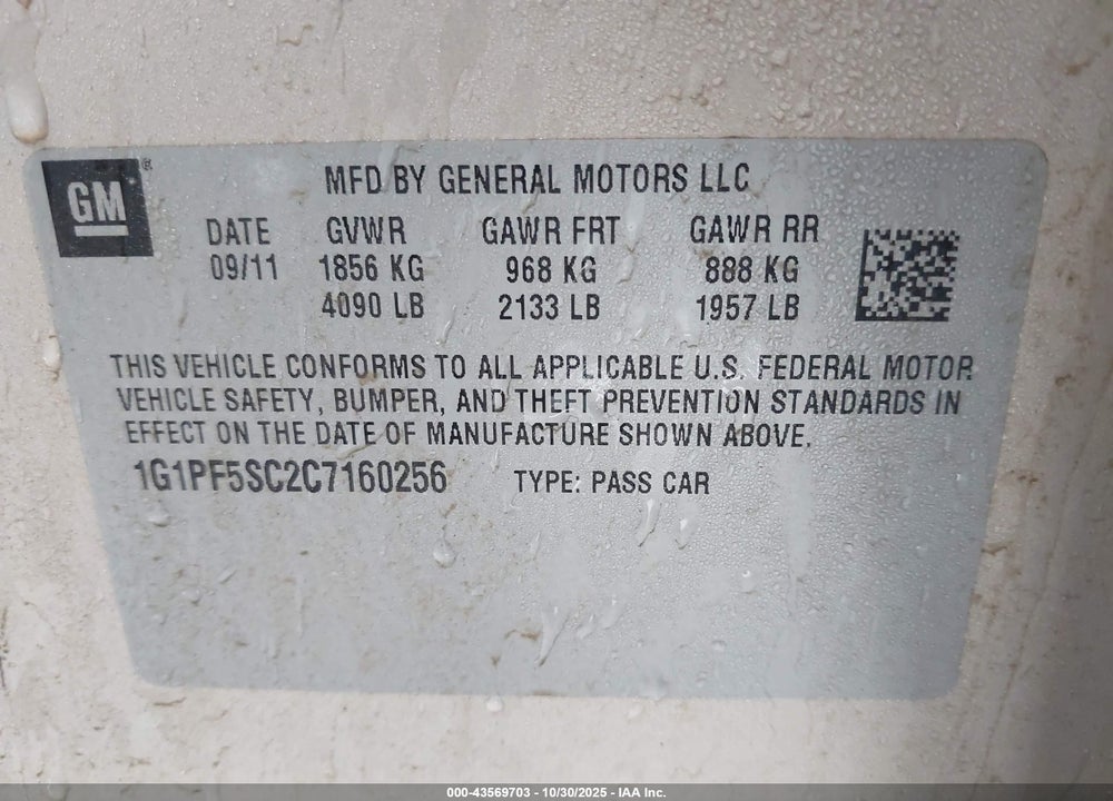 2012 CHEVROLET CRUZE 1LT VIN: 1G1PF5SC2C7160256