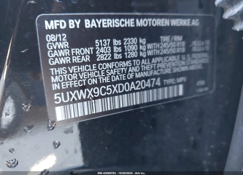2013 BMW X3 XDRIVE28I VIN: 5UXWX9C5XD0A20474