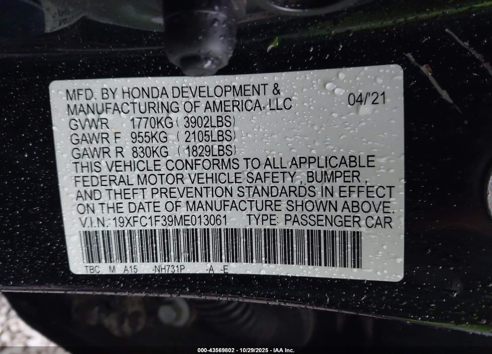 2021 HONDA CIVIC EX VIN: 19XFC1F39ME013061