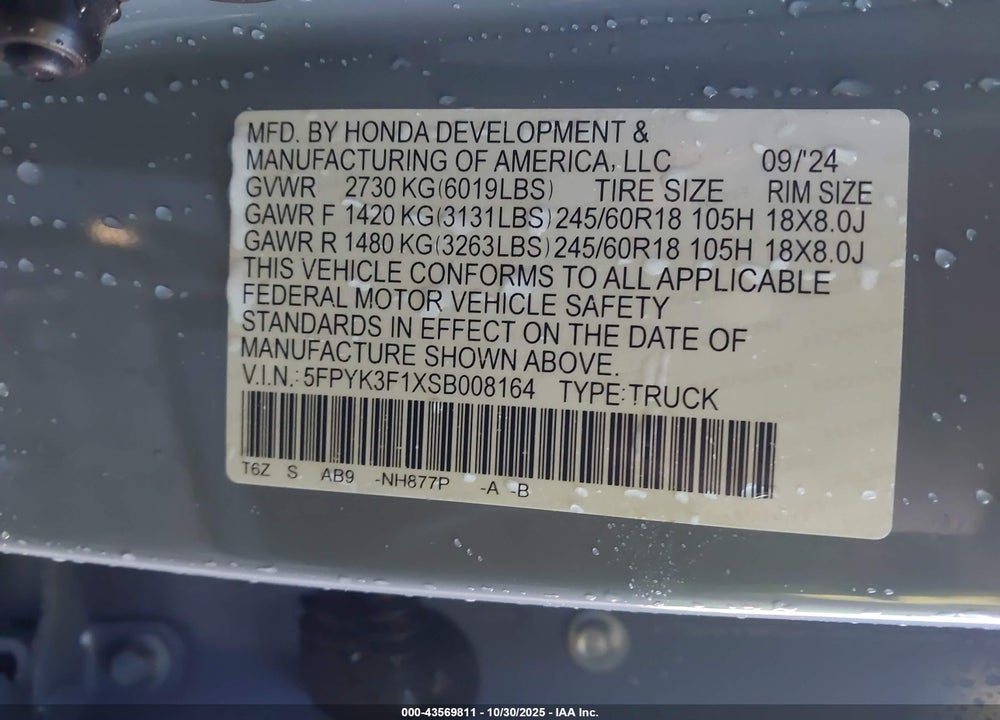 2025 HONDA RIDGELINE SPORT VIN: 5FPYK3F1XSB008164