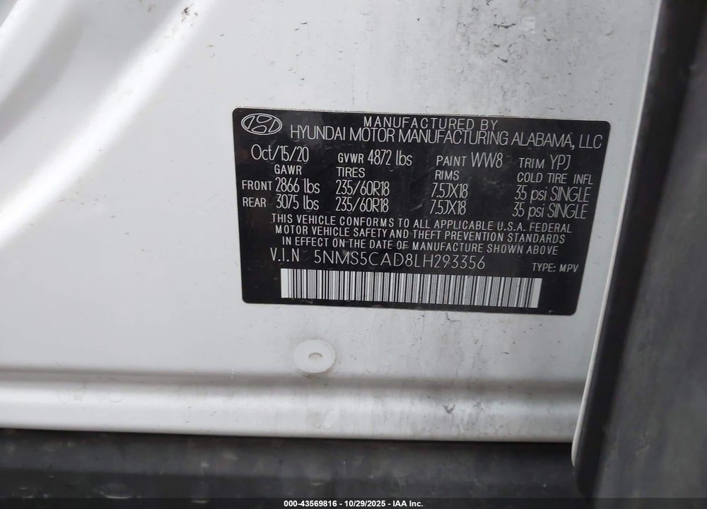 2020 HYUNDAI SANTA FE LIMITED VIN: 5NMS5CAD8LH293356