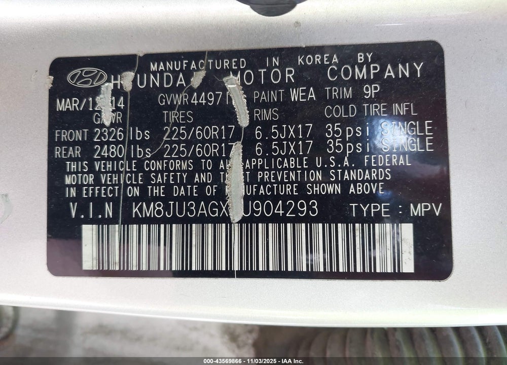 2014 HYUNDAI TUCSON SE VIN: KM8JU3AGXEU904293