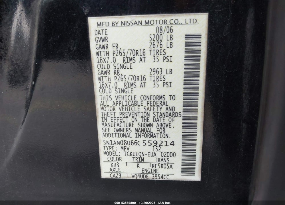 2006 NISSAN XTERRA X VIN: 5N1AN08U66C559214