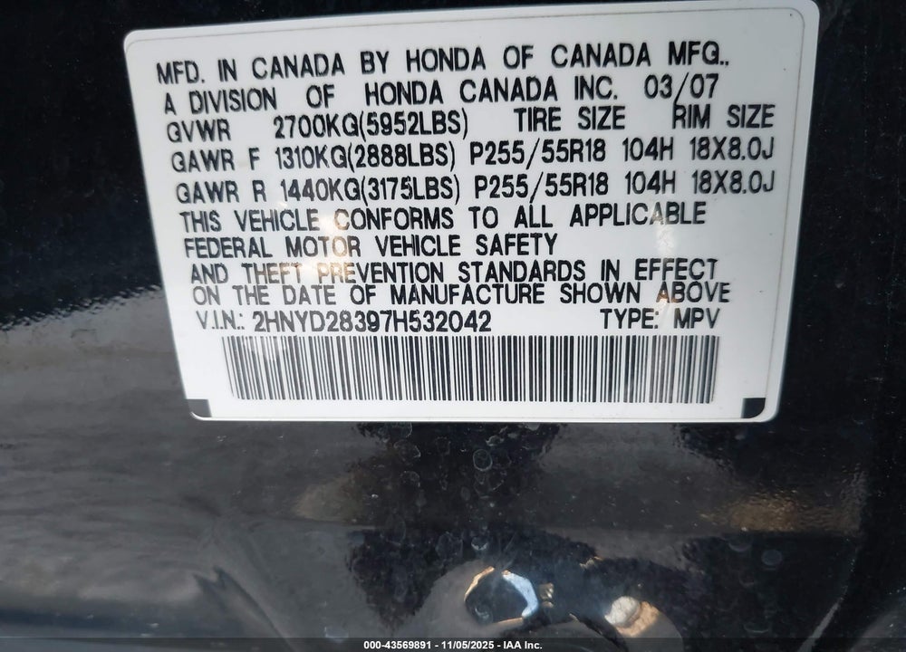 2007 ACURA MDX VIN: 2HNYD28397H532042