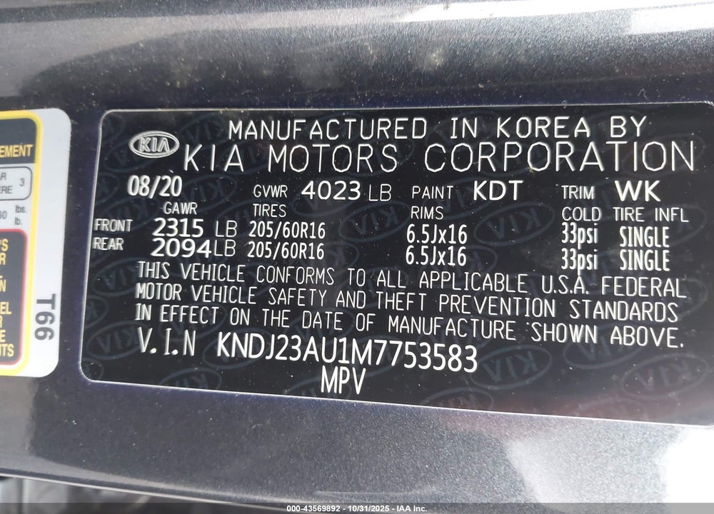 2021 KIA SOUL LX VIN: KNDJ23AU1M7753583