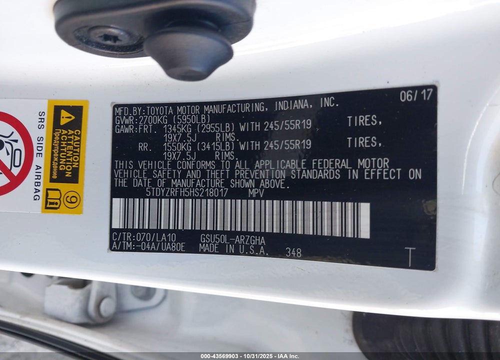 2017 TOYOTA HIGHLANDER LIMITED VIN: 5TDYZRFH5HS218017