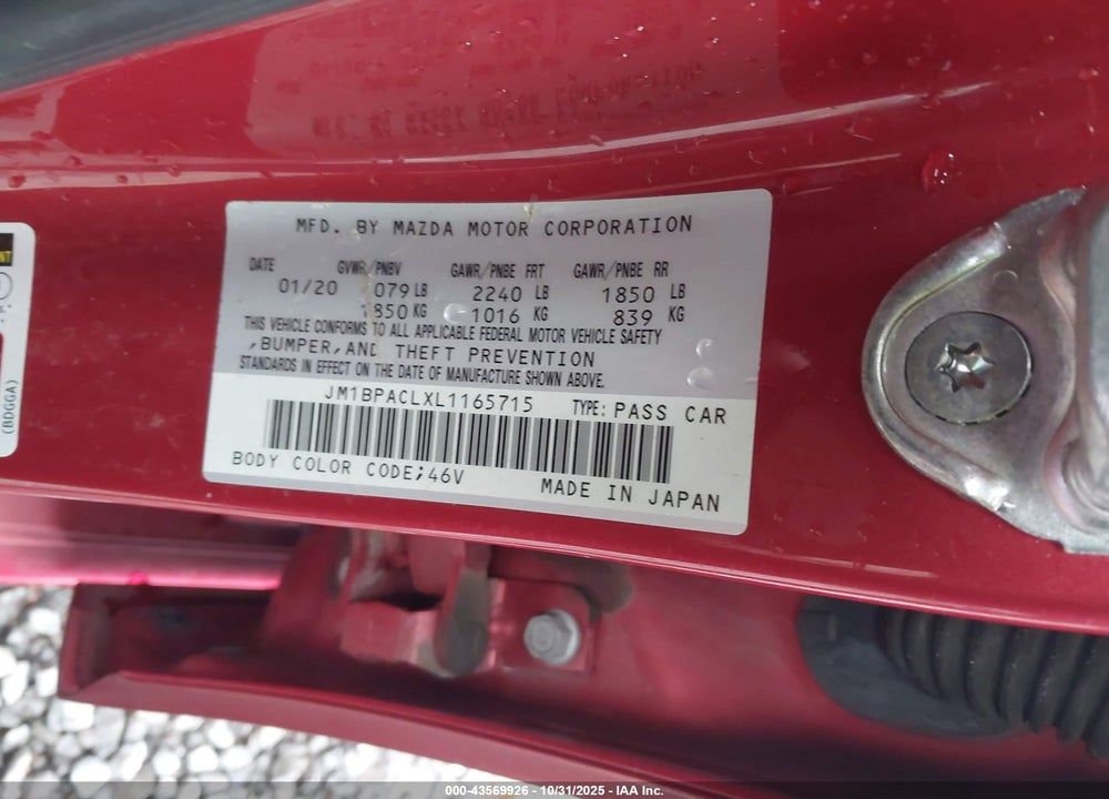 2020 MAZDA 3 SELECT PACKAGE VIN: JM1BPACLXL1165715