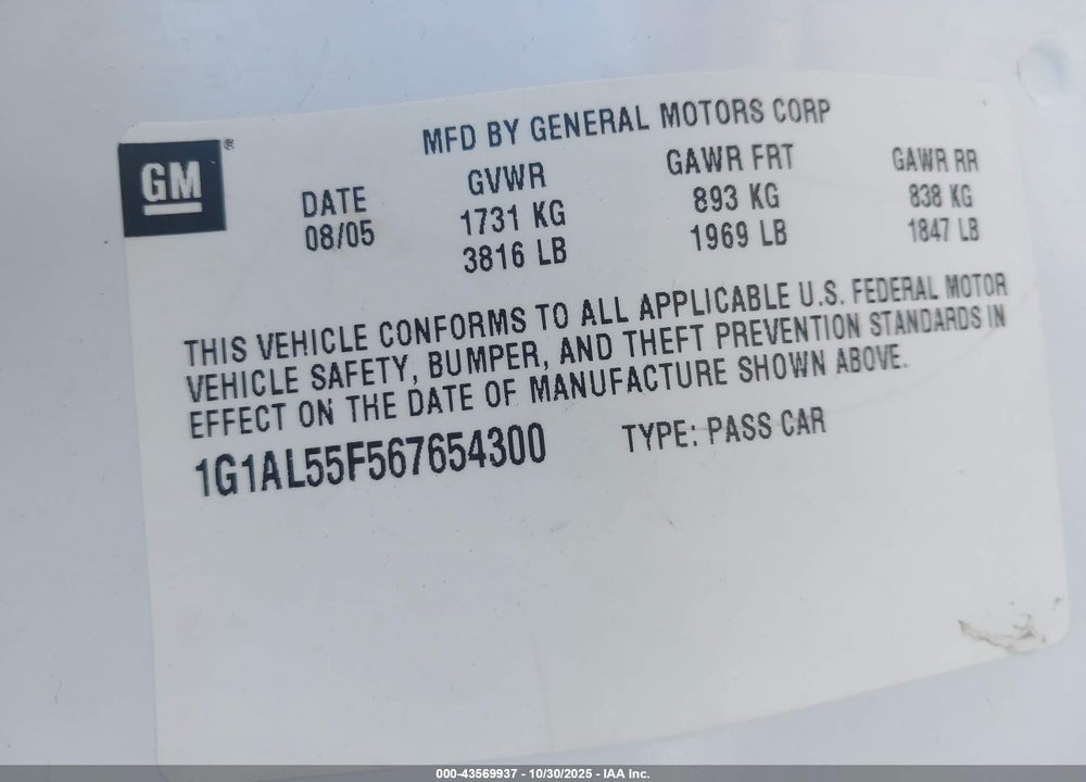 2006 CHEVROLET COBALT LT VIN: 1G1AL55F567654300