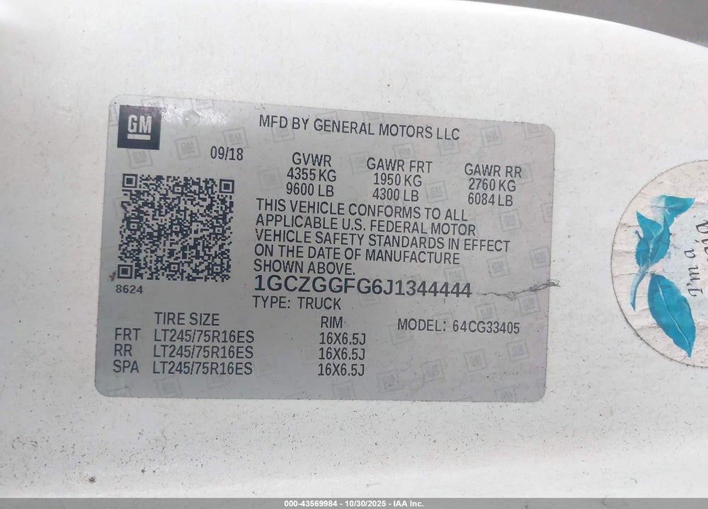 2018 CHEVROLET EXPRESS 3500 WORK VAN VIN: 1GCZGGFG6J1344444