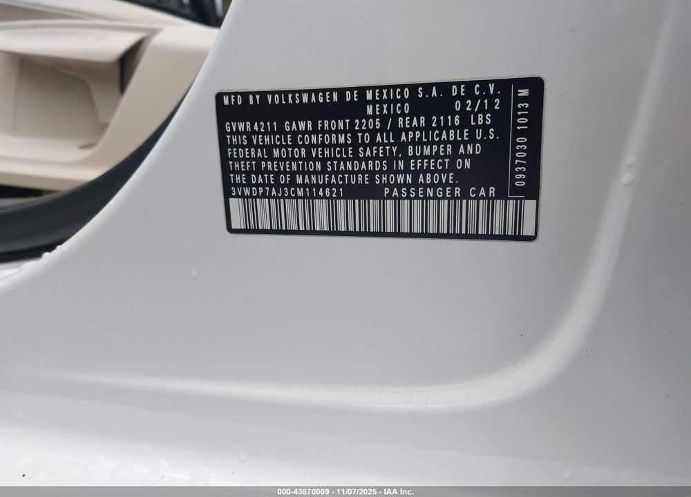 2012 VOLKSWAGEN JETTA VIN: 3VWDP7AJ3CM114621