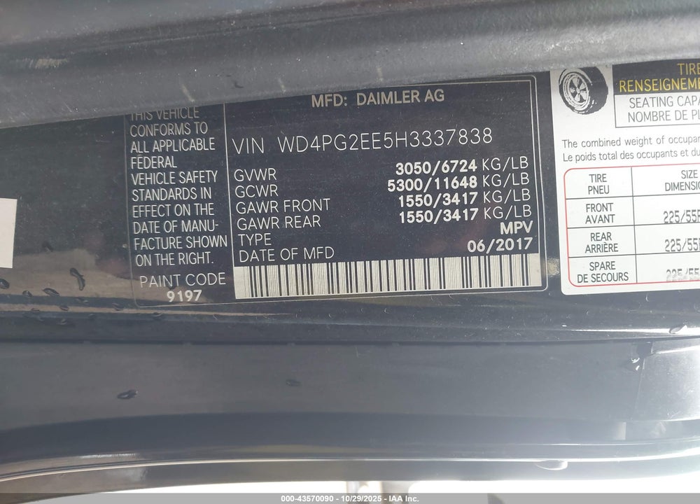 2017 MERCEDES-BENZ METRIS VIN: WD4PG2EE5H3337838
