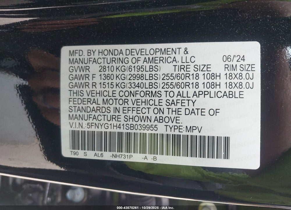 2025 HONDA PILOT EX-L VIN: 5FNYG1H41SB039955