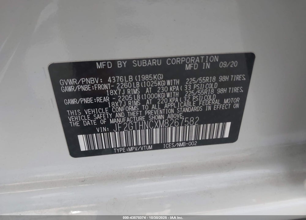 2021 SUBARU CROSSTREK VIN: JF2GTHNCXM8267582